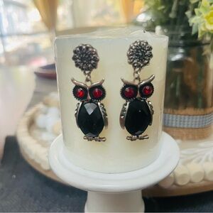 Owl Drop Earrings with Black and Red Stones - Women Jewelry